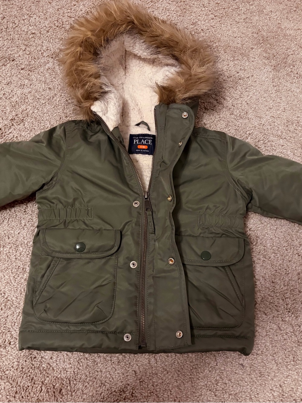 The Children's Place Olive Green Hooded Puffer Jacket with Faux-Fur Trim